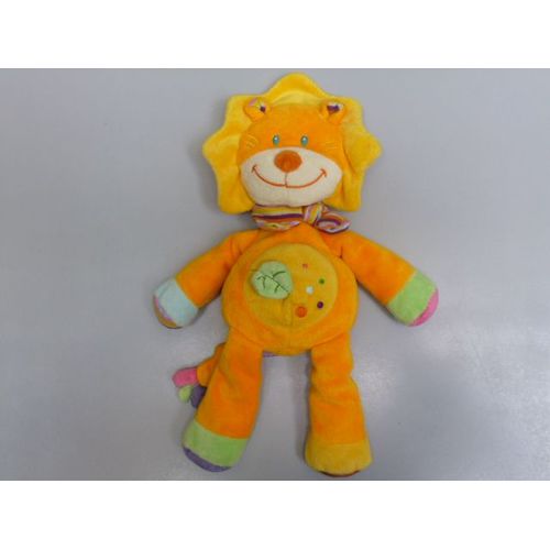 Doudou Lion, Orange Et Jaune, Foulard Rayé, Feuille, Pommette