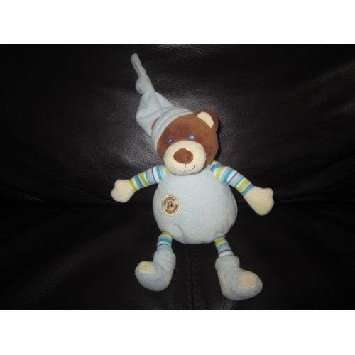 Doudou Musical Fait De La Musique Ours Marron Bleu Long Bonnet  Rayé Rayures Gipsy