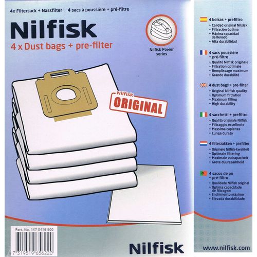 Sac aspirateur Nilfisk Power Series Dustbags - 4 sacs poussière + pré-filtre