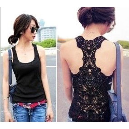 T-Shirt Débardeur Marcel Sexy - Dos Nageur Tout Dentelle Brodé (Broderie) - Taille Unique: S / M -