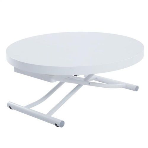 Table Basse Ronde Relevable Et Extensible Saturna Laqué Blanc Brillant Pied Blanc Huilé Diamètre 105 X 105/135 Cm