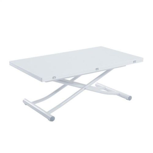 Table Basse Relevable Extensible Trendy Mélaminé Blanc Brillant Pied Blanc Huilé 110 X 70/140 Cm