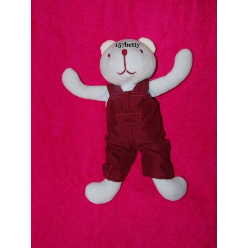 Doudou Ours Bleu Avec Salopette Bordeaux Sucre D'orge.