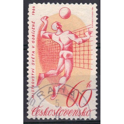 Tchecoslovaquie 1966 : Championnats Du Monde De Volley-Ball - Timbre 60 H. Rose Et Ocre Oblitéré