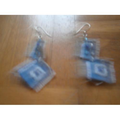 Boucles D'oreilles  Pendantes Bleues En Tissu Et Perles Originales