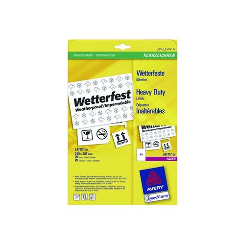 Avery Heavy Duty Laser Labels - Étiquettes en polyester - A4 (210 x 297 mm) 20 unités ( 20 feuille(s) x 1 )