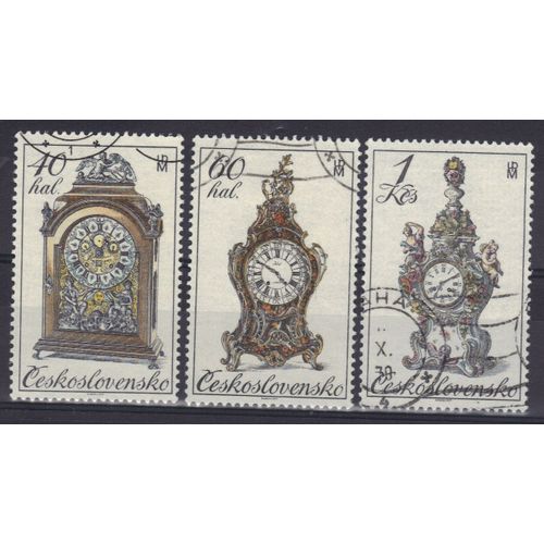 Tchecoslovaquie 1979 : Horloges Historiques : Pendule Baroque À Armoire / Pendule Rococo Française / Horloge Rococo En Porcelaine, Meissen (Saxe) - Série De 3 Timbres Oblitérés