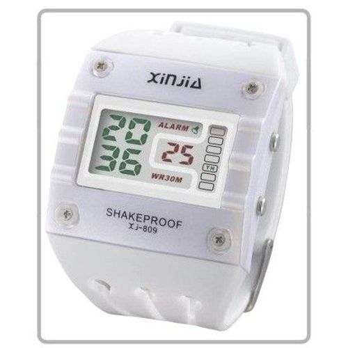 Digital Watch Xj: Montre Design Tendance - Alarme, Chronomètre... Boitier (39x37mm) Blanc Nacré - Bracelet Silicone Blanc Iceberg