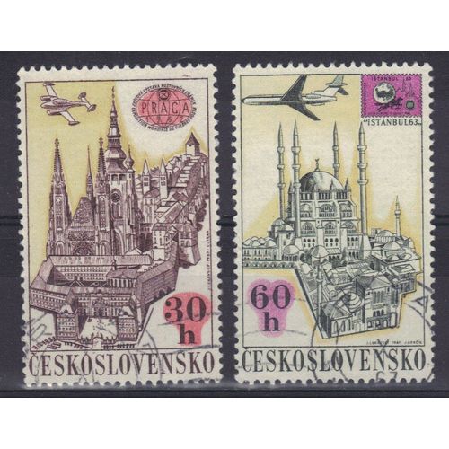 Tchecoslovaquie 1967 Poste Aerienne : Prélude À L'exposition Philatélique Praga (1968) : Praga 1962 Et Vue De Prague / Istanbul 63 Et Vue D'istanbul - Série De 2 Timbres Oblitérés