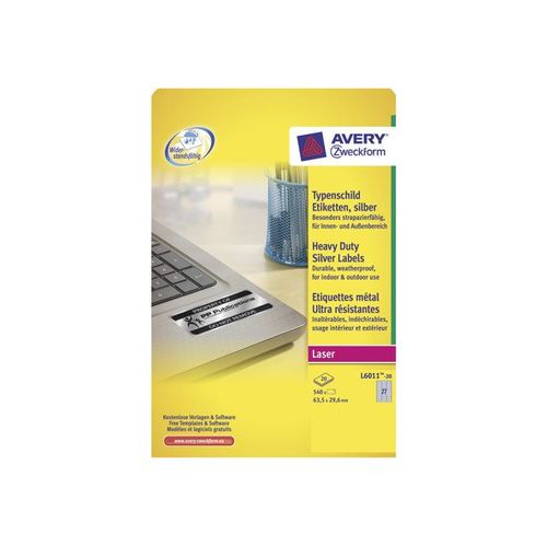 Avery Heavy Duty Laser Labels L6011 - Étiquettes en polyester - argenté(e) - 29.6 x 63.5 mm 540 unités ( 20 feuille(s) x 27 )