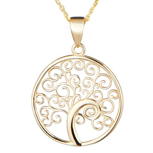 Pendentif Arbre En Or Jaune + Une Chaîne En Argent Doré Vermeil