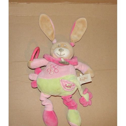 Doudou Lapin Rose Brodées Fleurs Accroche Sucette  Bruit De Hochet Et De Plastique