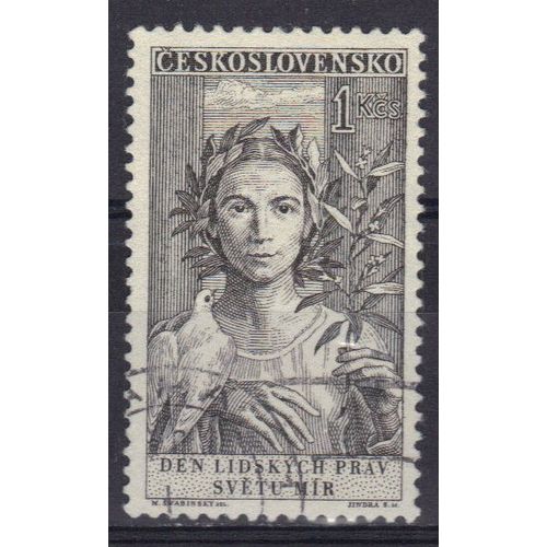 Tchecoslovaquie 1959 : Femme Tenant Dans Sa Main Un Rameau D'olivier Et Colombe (Symbole De La Paix Dans Le Monde) - Timbre Oblitéré