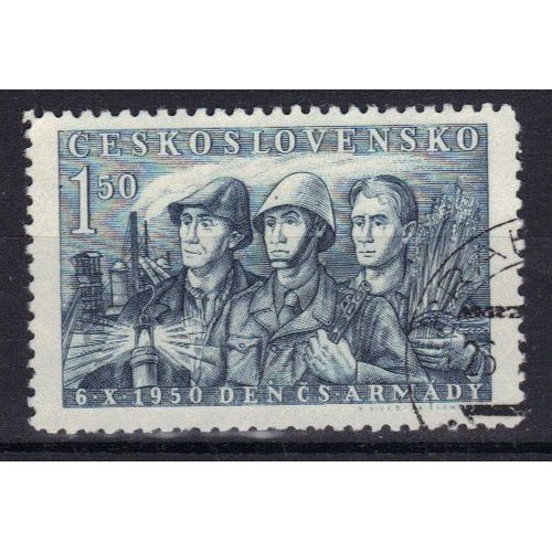 Tchecoslovaquie 1950 : Journée De L'armée : Mineur, Soldat Et Paysan - Timbre 1 K. 50 Gris-Bleu Oblitéré