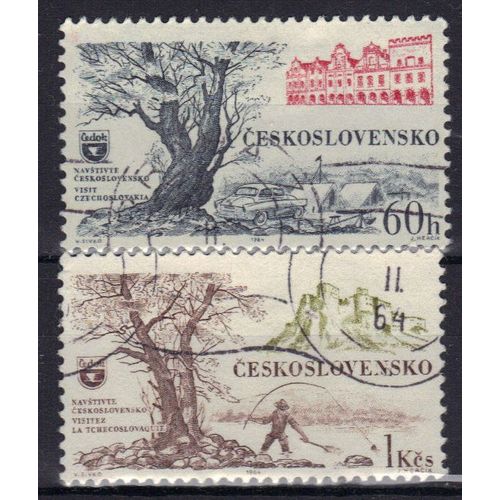 Tchecoslovaquie 1964 : Propagande Pour Le Tourisme : Camping Et Texte Anglais / Pêche Et Texte Français "Visitez La Tchécoslovaquie" - Série De 2 Timbres Oblitérés