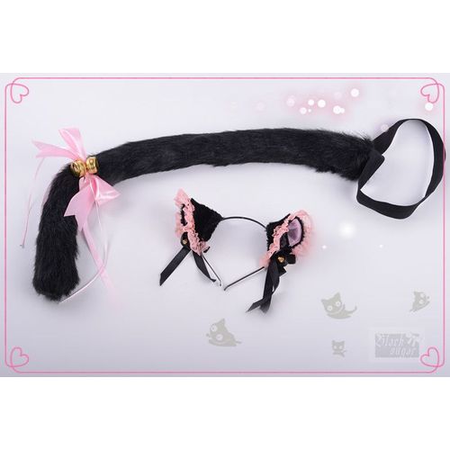 Oreille Chat Noir Clochette Dorée Serre Tête + Une Queue Noir Chat (Grande Taille) Sert Tête Barrette Black Sugar Cosplay Costume Déguisement Soirée