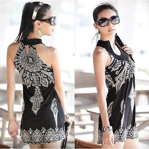 Robe Tunique Courte / Top Long Sans Manche Type Débardeur, Dos Nageur - Col Brodé - Taille S / Petit M - Chic Et Sexy Tendance Clubbing - Ultra Souple