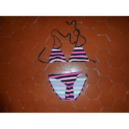 Maillot De Bain 2 Pièces Rayé Rose Et Noir Kiss Melody Girl