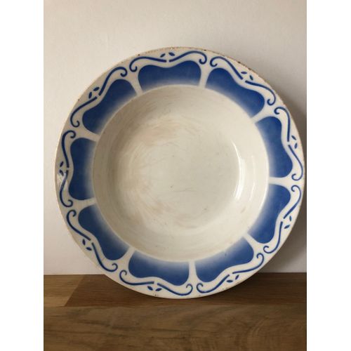 Vintage Plat Creux En Faïence Arabesques Bleu Roi