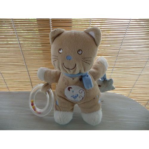 Chat Doudou Peluche Eveil Beige Oiseau Anneau Hochet Grelot Etoile Bleue Eharpe Bleue Pommette 21 Cms
