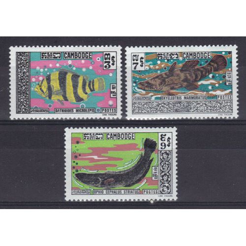 Cambodge 1970 : Poissons : Datmoides Microlepis / Oxyeleotris Marmoratus / Ophio Cephalus Striatus - Série Entière De 3 Timbres Neufs ** Cote 8 ¿