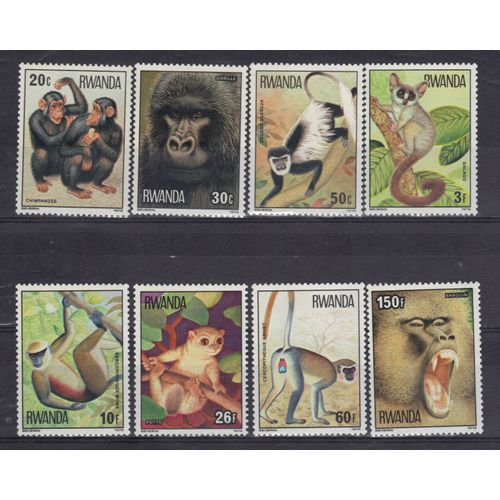 Rwanda 1978 :  Singes : Chimpanzé / Gorille / Colobe Guereza / Galago / Cercopithèque Mone / Potto / Cercopithèque Grivet / Babouin - Série Entière De 8 Timbres Neufs ** Cote 11 
