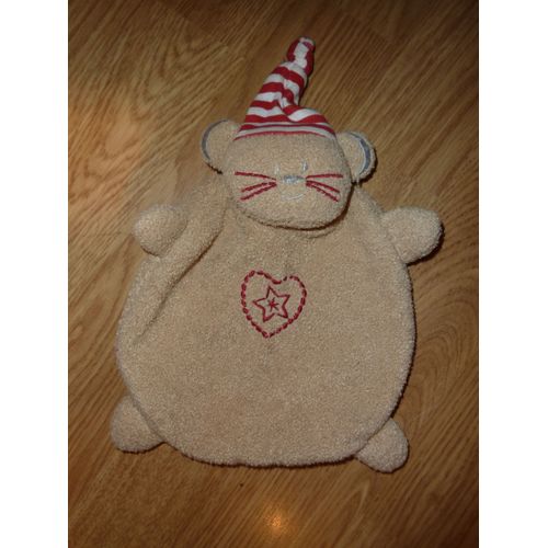 Doudou Plat Chat Ours Cat Katze Beige Caramel Bonnet Raye Rouge Coeur Etoile