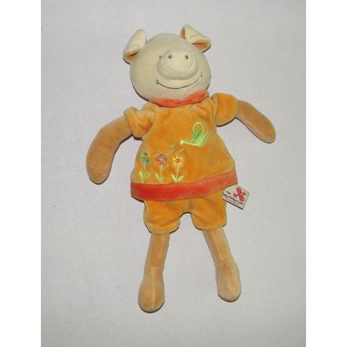 Doudou Cochon Salopette Orange Nicotoy 34 Cm