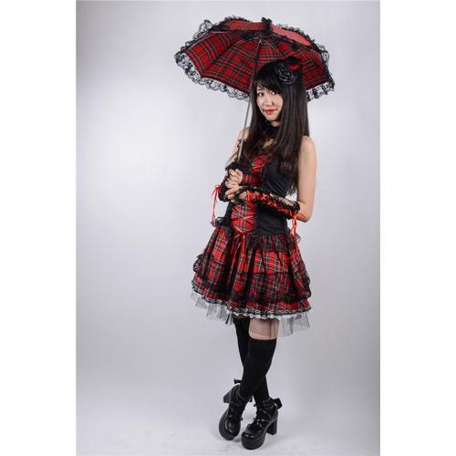 Parapluie Ombrelle Rouge Noir Écossaise Dentelle Gothique Lolita Déguisement Cosplay Costume