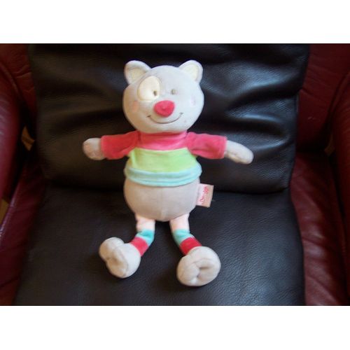 Doudou Chat Bengy Gris Clair Pattes Rayees Cocard Blanc