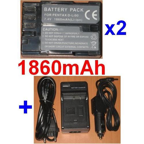 Chargeur + Pack de 2 Batteries Pour PENTAX D-LI90 DLI90 DSLR K7 K-7 **1860mAh**