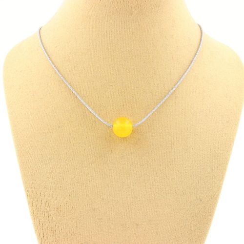 Collier 1 Perle Agate Jaune 8 Mm. Chaine En Acier Inoxydable. Collier Femmes, Hommes. Taille Personnalisable.