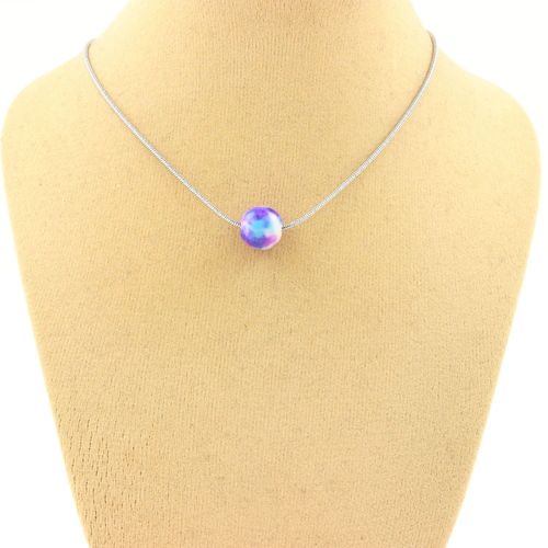 Collier 1 Perle Jaspe Violet Bleu 8 Mm. Chaine En Acier Inoxydable. Collier Femmes, Hommes. Taille Personnalisable.