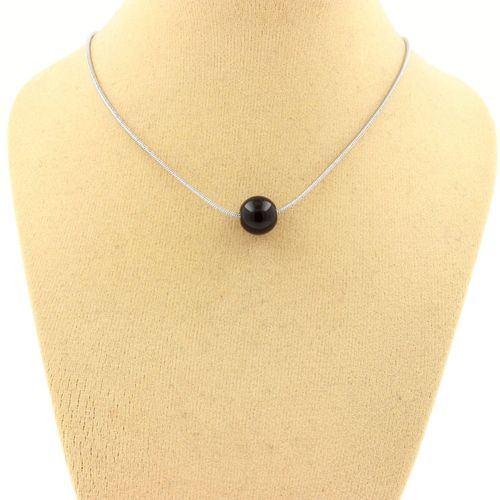 Collier 1 Perle Agate Noire 8 Mm. Chaine En Acier Inoxydable. Collier Femmes, Hommes. Taille Personnalisable.