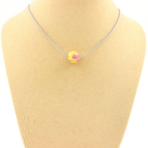 Collier 1 Perle Jaspe Jaune Violet 8 Mm. Chaine En Acier Inoxydable. Collier Femmes, Hommes. Taille Personnalisable.