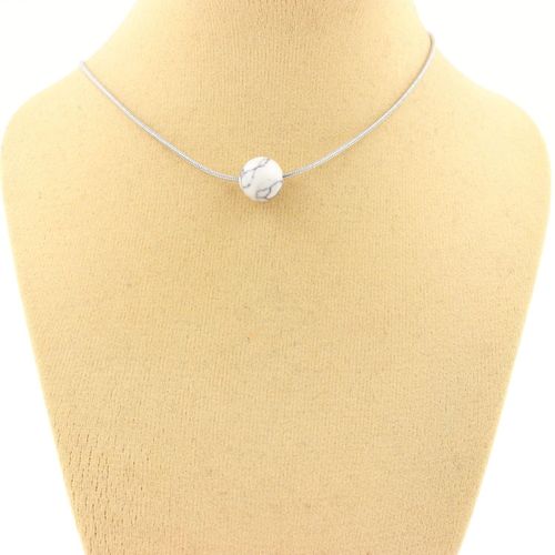 Collier 1 Perle Howlite 8 Mm. Chaine En Acier Inoxydable. Collier Femmes, Hommes. Taille Personnalisable.