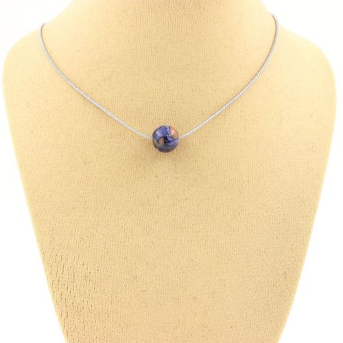 Collier 1 Perle Jaspe Bleu 8 Mm. Chaine En Acier Inoxydable. Collier Femmes, Hommes. Taille Personnalisable.