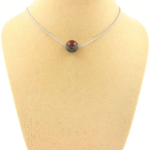 Collier 1 Perle Jaspe Sang De Dragon 8 Mm. Chaine En Acier Inoxydable. Collier Femmes, Hommes. Taille Personnalisable.