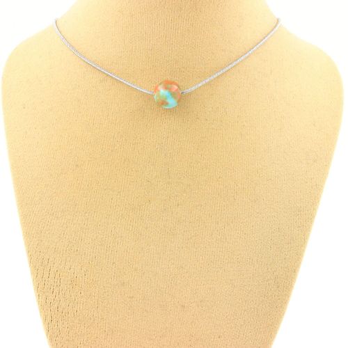 Collier 1 Perle Jaspe Bleu Orange 8 Mm. Chaine En Acier Inoxydable. Collier Femmes, Hommes. Taille Personnalisable.