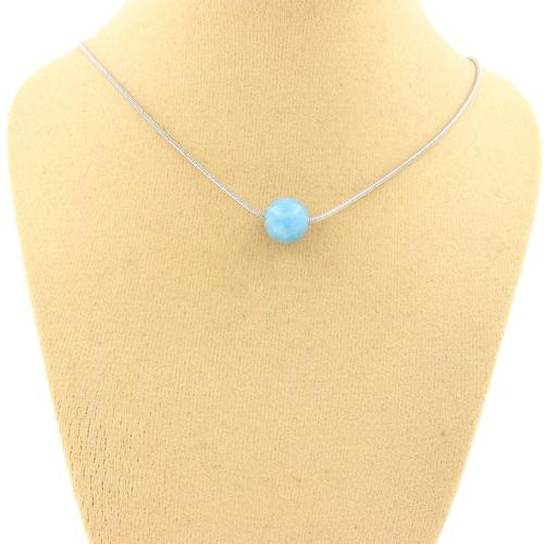 Collier 1 Perle Calcédoine Bleu 8 Mm. Chaine En Acier Inoxydable. Collier Femmes, Hommes. Taille Personnalisable.