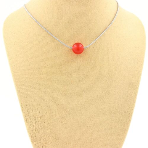 Collier 1 Perle Calcédoine Rouge 8 Mm. Chaine En Acier Inoxydable. Collier Femmes, Hommes. Taille Personnalisable.