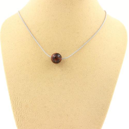 Collier 1 Perle Obsidienne Mahogany 8 Mm. Chaine En Acier Inoxydable. Collier Femmes, Hommes. Taille Personnalisable.