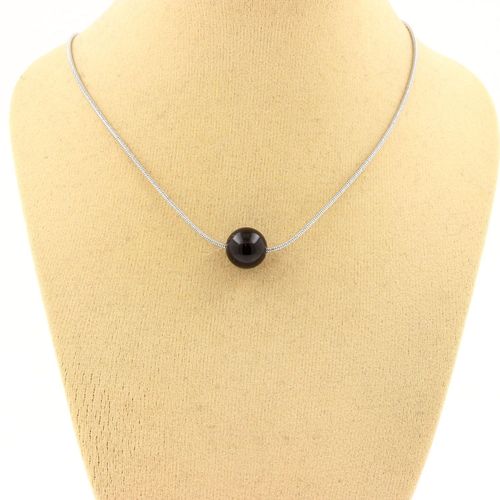 Collier 1 Perle Tourmaline Schorl Du Brésil Qualité 3a 8 Mm. Chaine En Collier Femmes, Hommes. Taille Personnalisable.