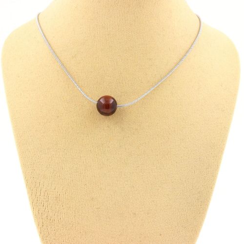 Collier 1 Perle Oeil De Tigre Rouge 8 Mm. Chaine En Acier Inoxydable. Collier Femmes, Hommes. Taille Personnalisable.