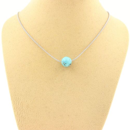 Collier 1 Perle Howlite Turquoise 8 Mm. Chaine En Acier Inoxydable. Collier Femmes, Hommes. Taille Personnalisable.