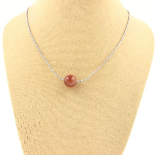 Collier 1 Perle Pierre De Soleil 8 Mm. Chaine En Acier Inoxydable. Collier Femmes, Hommes. Taille Personnalisable.