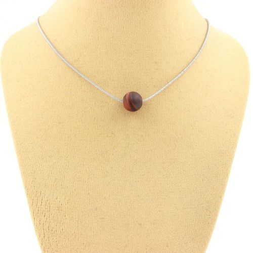 Collier 1 Perle Oeil De Tigre Rouge Mat 8 Mm. Chaine En Acier Collier Femmes, Hommes. Taille Personnalisable.
