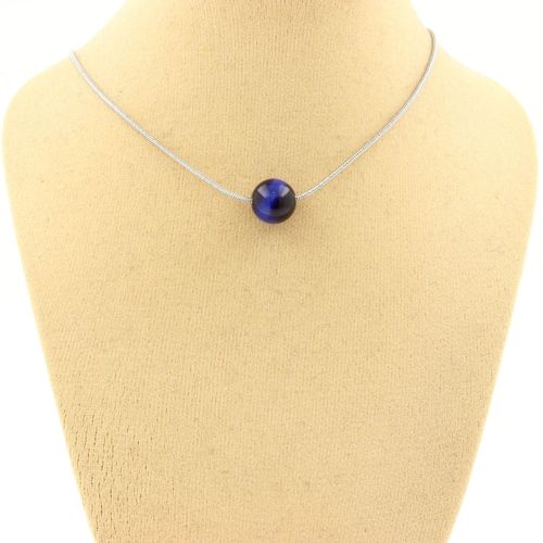 Collier 1 Perle Oeil De Tigre Bleu 8 Mm. Chaine En Acier Inoxydable. Collier Femmes, Hommes. Taille Personnalisable.