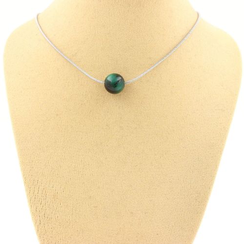 Collier 1 Perle Oeil De Tigre Vert 8 Mm. Chaine En Acier Inoxydable. Collier Femmes, Hommes. Taille Personnalisable.