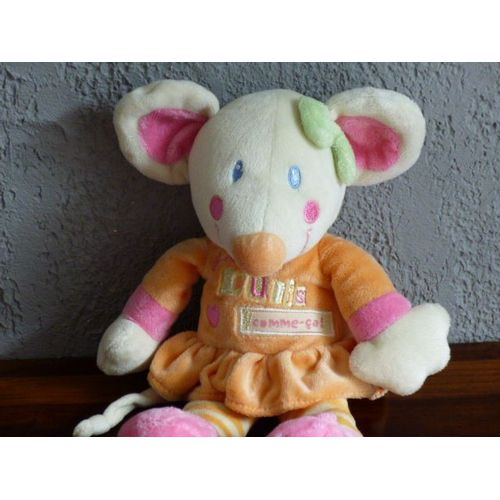 Doudou Souris, Orange Et Rose, Noeud Vert, 26 Cm, Kiabi